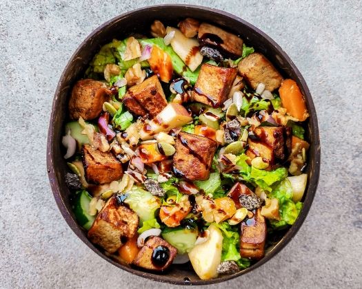 vegan fruity balsamic tofu summer salad gluten-free refreshing apple mango plant-based